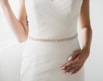 Rose Gold Bridal Belt | Rose Gold Bridal Sash | Thin Rose Gold Leaf Bridal Sash | Rose Gold Leaf Rhinestone Wedding Sash Belt | THE GRACIE