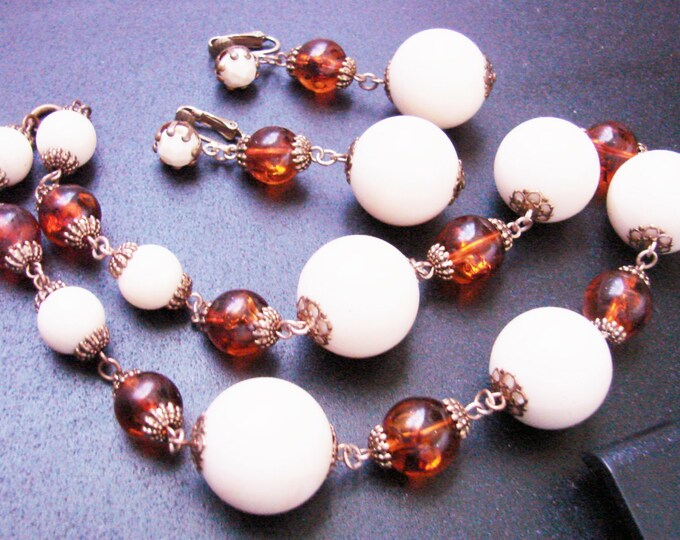 Faux Amber & Creamy Lucite Bead Necklace / Matching Chandelier Earrings / Demi Parure / Vintage / Jewelry / Jewellery