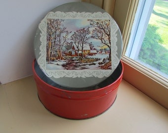 Vintage Cookie Tin Christmas Box Currier and Ives Horse Carriage Sleigh Snow Winter Vermont New England Scene Storage Biscuit Tin