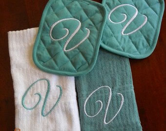Embroidered Kitchen towel and hot pad gift set