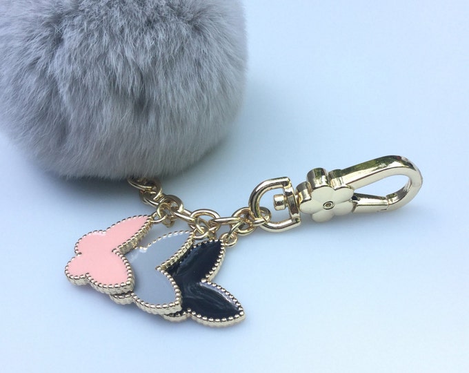 Light Grey Rex Rabbit Fur Fluffy Ball furkey bag charm pendant Fur Pom Pom keychain with 3 butterfly charms