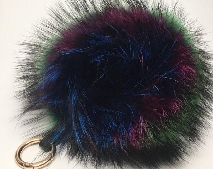 NEW Tropical Swirl™ Multi Color Raccoon Fur Pom Pom bag charm 8 inch pom pom