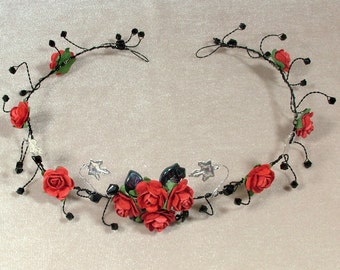 Gothic tiara, red rose crown, black wire hair vine, black crystal goth wedding headpiece, gothique diademe, black wire fantasy tiara