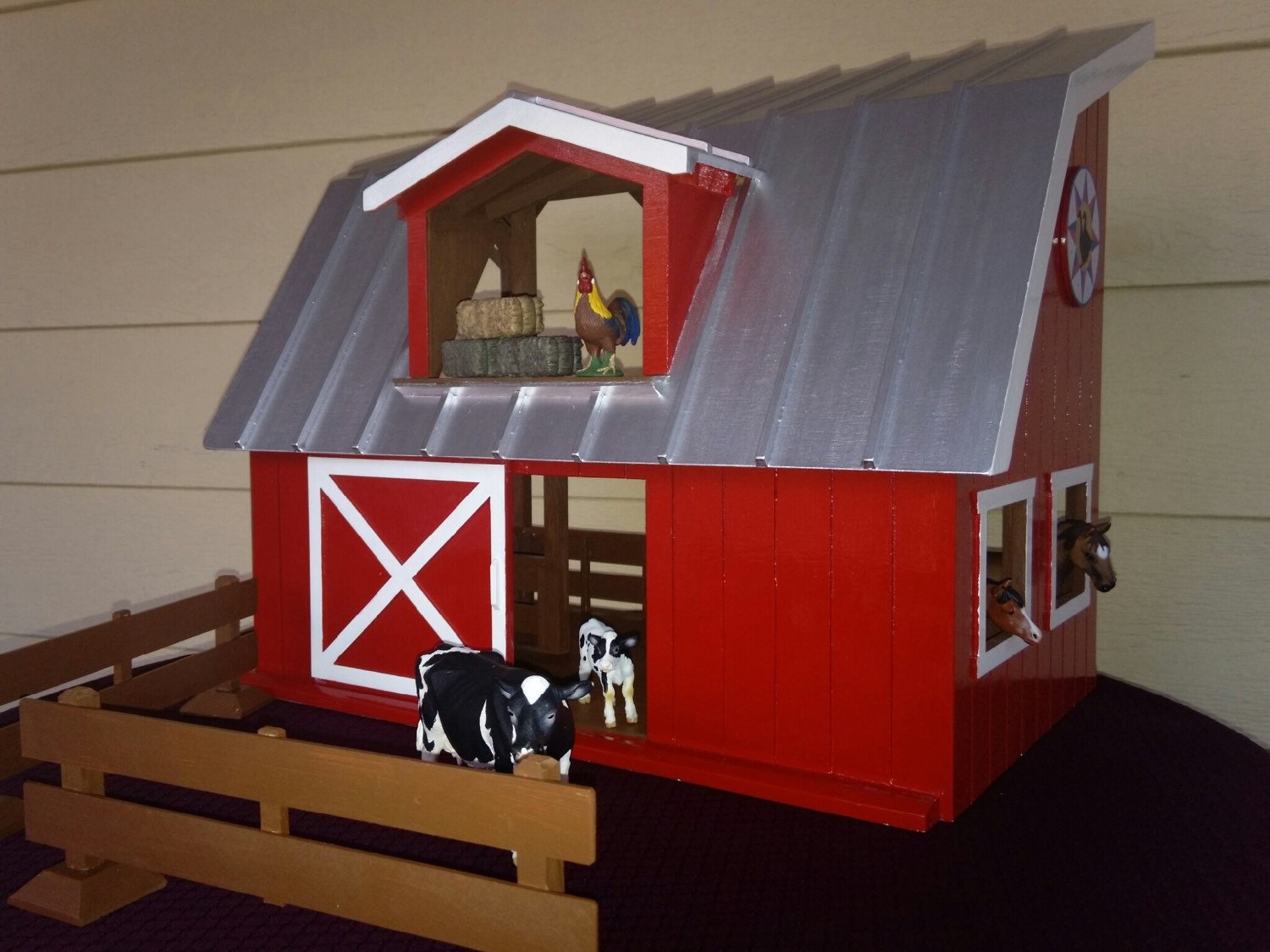Wooden Red Farm Barn Toy Horse Stable w Sliding by jhHandcrafts