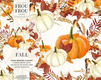 Fall Clip Art Autumn Clipart Watercolor Pumpkin Halloween Thanksgiving Handpainted Illustration Orange Red Seasonal Floral Wreath Bouquet