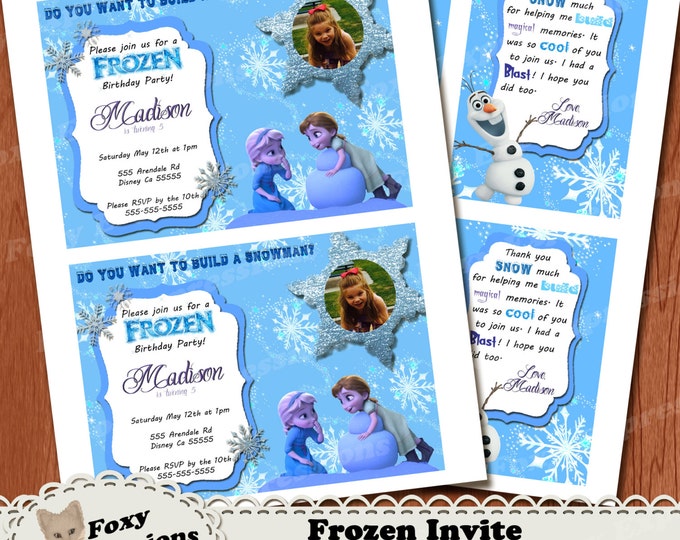 Frozen Digital Birthday Invite with Free Thank You Cards. Comes in 5x7 or 4x6. You can add a photo of your child. Can be emailed or printed.