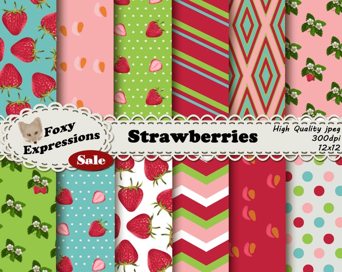 Strawberries digital paper pack comes in pink, green, and blue. Designs include strawberries, slices, flowers, stripes, chevron & polka dots