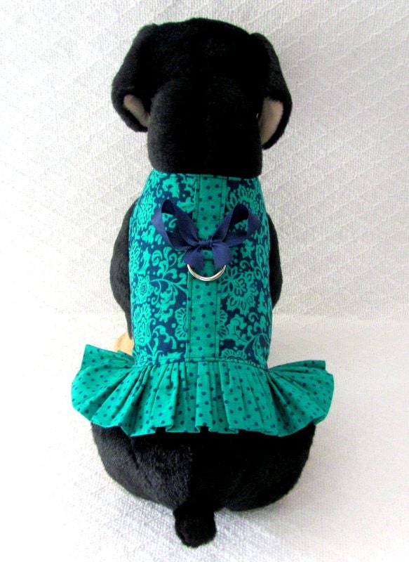 Aqua Navy Floral Dog Dress Harness Clothes by TheWhitePeacock22
