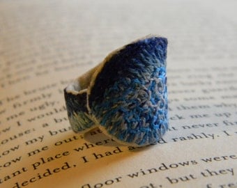 shades of blue hand made , hand embroidered fabric ring, statement ring, fiber art, textile ring