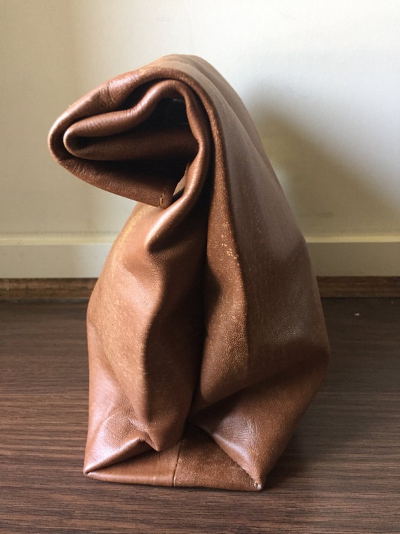 Leather Lunch Bag rolled clutch. Leather lunch bag tote.