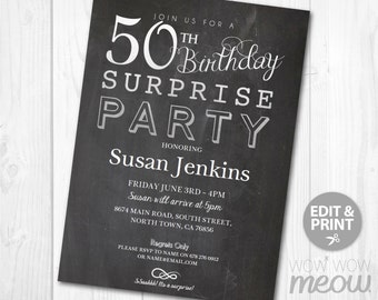 SURPRISE 50th Birthday Invitations Elegant Silver Party Invite 50 Chalk FIFTY Mens Womens Instant Download Editable Printable Personalize