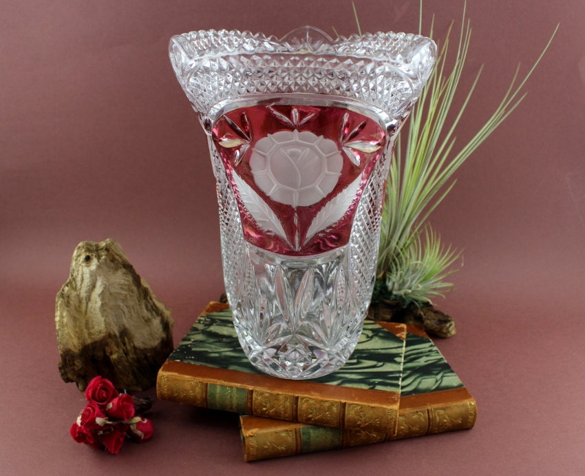 Vintage Original Anna Hütte lead crystal vase Red Transparent