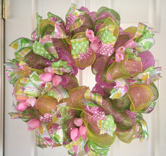21 Spring Pastel Colored Deco Mesh Wreath by MissChristinasCrafts