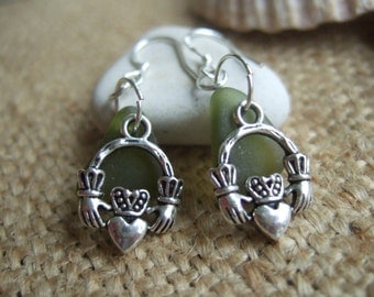 Scottish sea glass earrings with Claddagh, green, sea foam or white sea glass paired with the symbol of love and friendship, Scottish gift