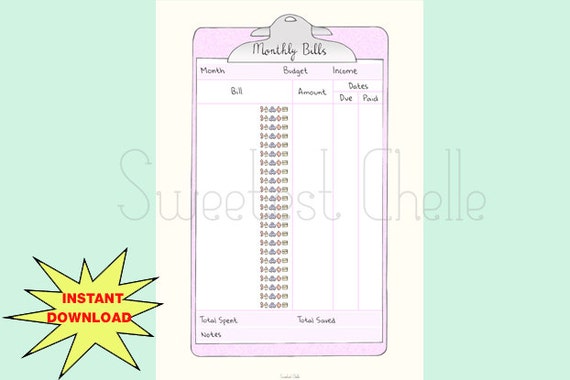 Cute Printable A5 Page Printable Monthly Bill Tracker