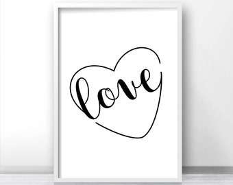 Love Wall Art Print, Digital Download Black And White Print, Typography Print, Heart Wall Art, Minimalist Wall Print, Typography Printable
