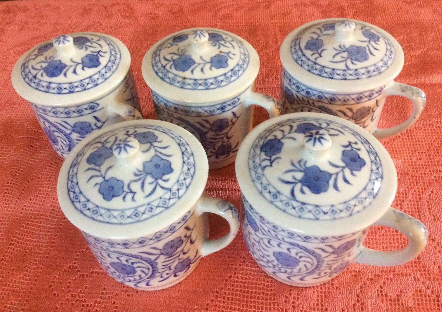 Set of 5 Covered Tea Cups