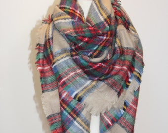Sale!!New Plaid Blanket Oversized Tartan Scarf Wrap Shawl Multi Color–Green Camel Red Checked