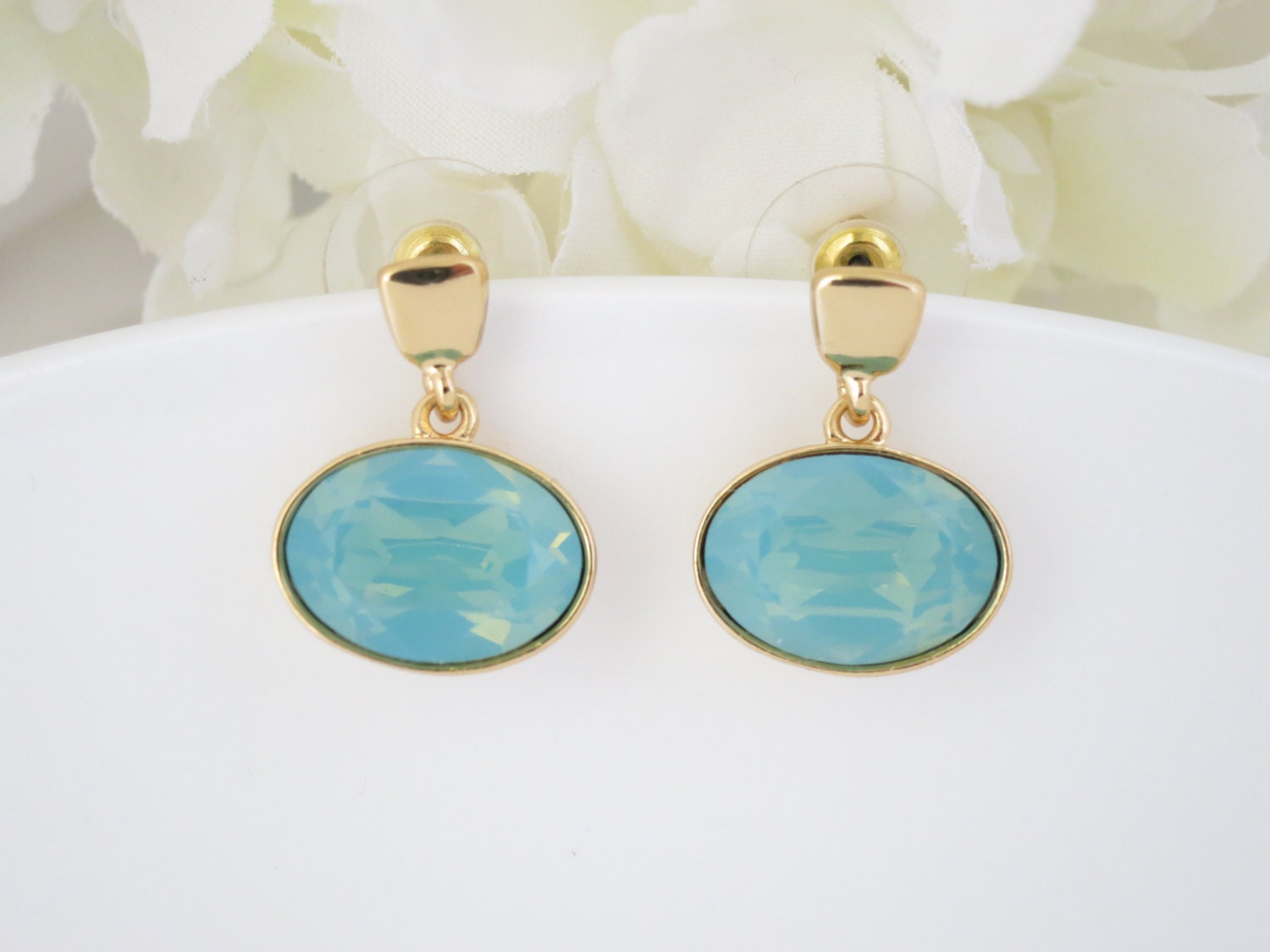 Swarovski gold post earring, Pacific opal and gold earring