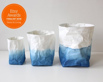 Paper bag storage, Ombre - Indigo Blue & White washable paper bag, cobalt blue, basket, hamper, planter, Warm Grey Company