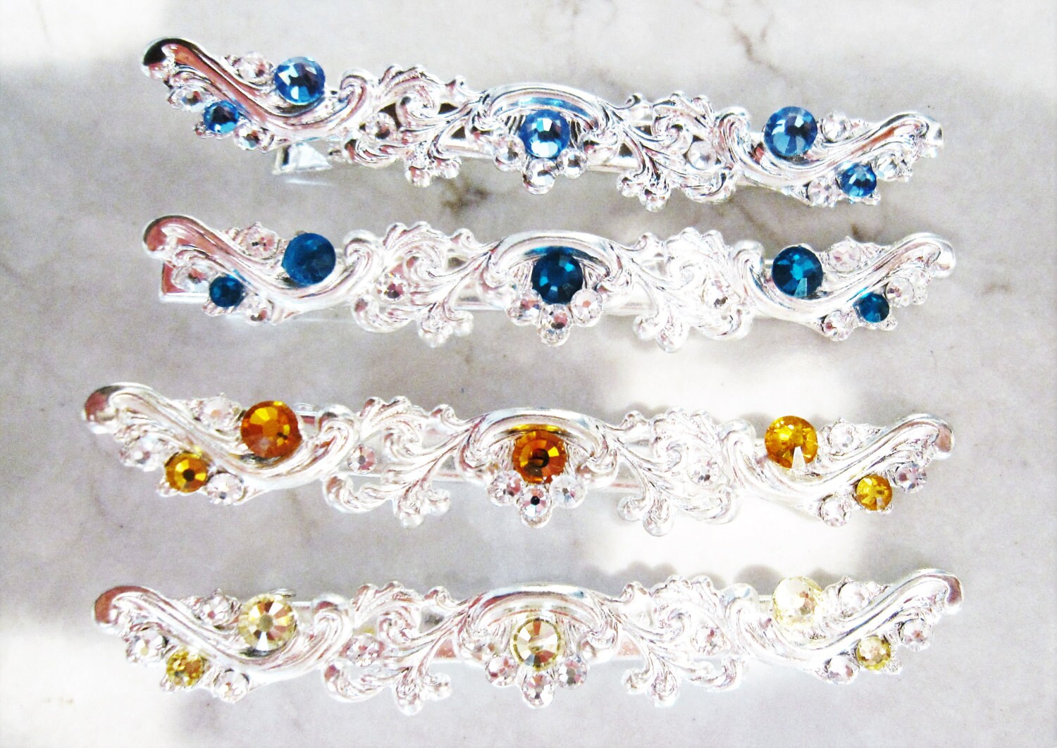 Slim antique silver swarovski crystal alligator hair clip