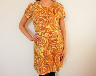 Hippie Dress 60s Style Yellow Shift Dress Brown Mini Dress Short Sleeve Mini Shift Dress Abstract Print Knee Length Dress Yellow Medium