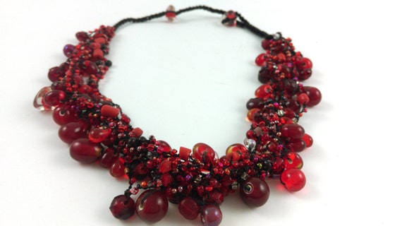Ruby Red Glass Cluster Bead Necklace