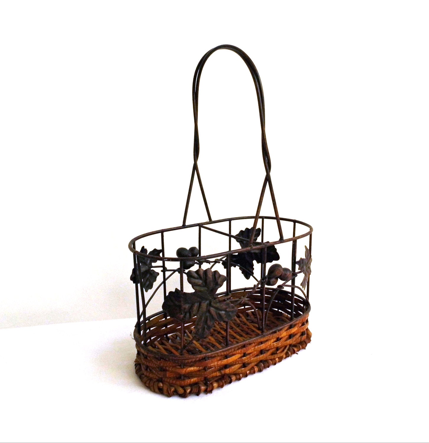 Vintage Kitchen Utensil Holder Metal Wicker Basket Flatware