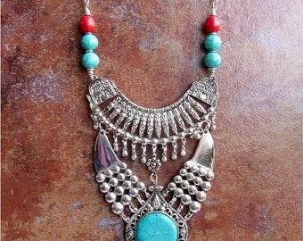 Silver Banjara Ethnic Necklace/Turquoise Necklace/Bohemian Necklace/Statement Necklace/Bib Necklace P55