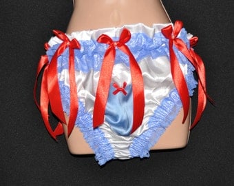 Red, white & blue silky satin femme panties....wonderful silky flouncy panties for the crossdresser, Sissy Lingerie