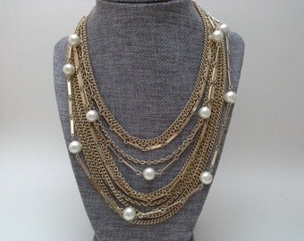 Multi Chain Necklace, Pearl Chain Necklace, Vintage Chain Necklace, Pearl Bib Necklace, Pearl Statement Necklace, Chain Bib Necklace