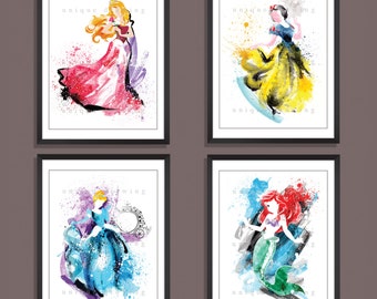 Disney movie poster, Disney princess print, Snow White, Ariel, Cinderella, Princess Aurora, Kids Decor, Nursery Decor, Set of 4 prints, 3528
