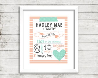 Birth Stats Nursery Art, Birth Announcement Wall Art, Printable Birth Stats Wall Art, baby girl birth stats