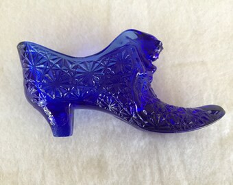 Vintage Cobalt Blue Fenton Shoe Daisy and Button Pattern 1980's Collectible Slipper Boot Fenton Art Glass