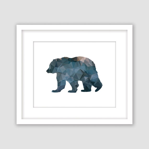 Geometric Bear Silhouette on White Print Blue and Brown