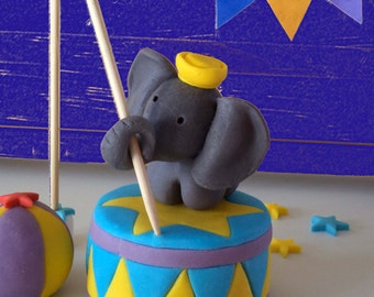 Fondant Circus - Carnival Elephant Cake Topper, Colourful Circus - Carnival Cake Decor Elephant on a stool and Flag Age Topper