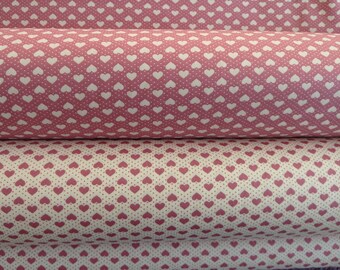 Hearts Fabric 100% Cotton Poplin. Rose/Dusky Pink/Ivory. 2 coordinating designs. For Quilting, Dressmaking, Soft Furnishings, Crafts etc.