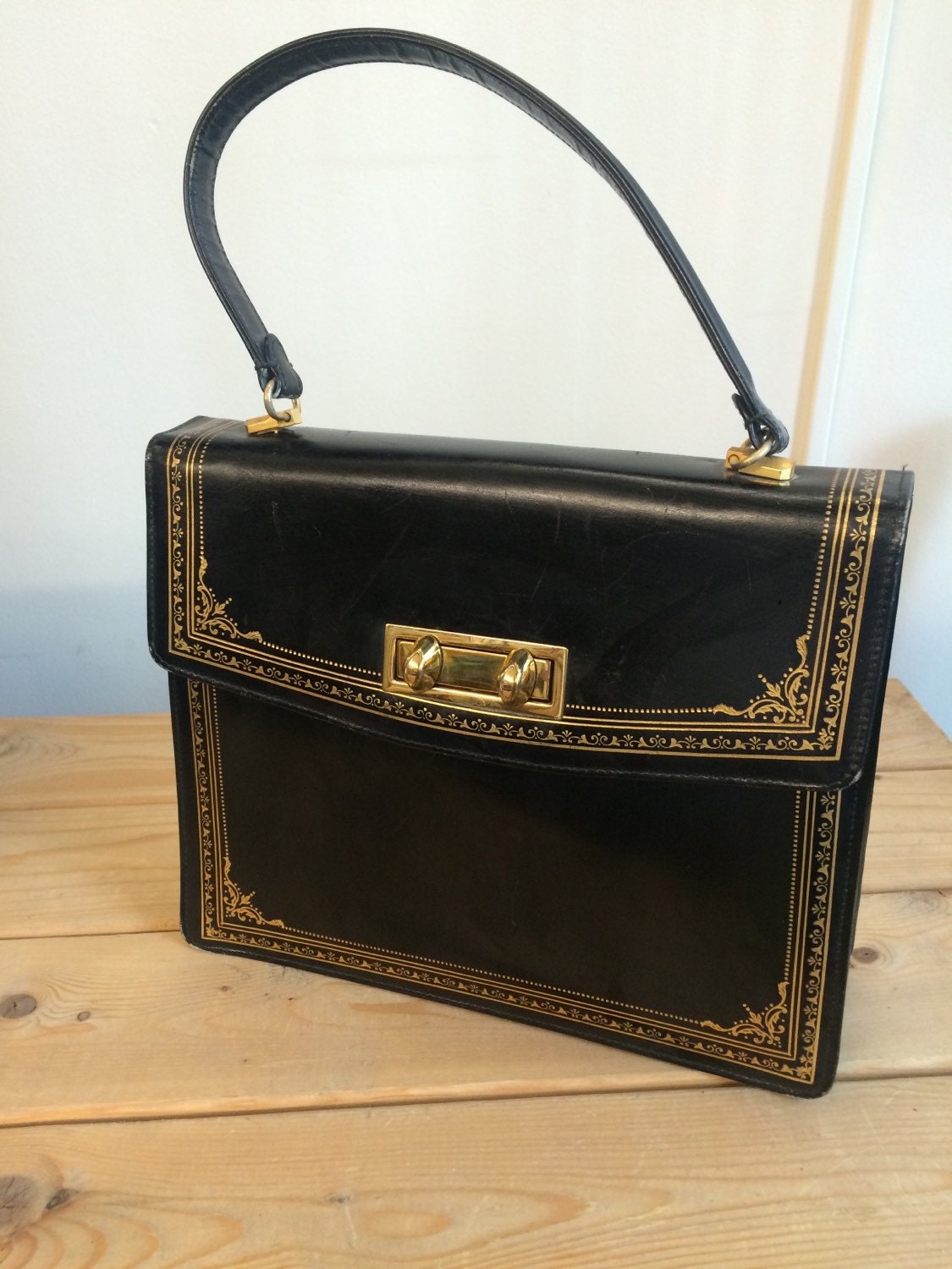 60s Black Leather Purse. Italian Leather Vintage Handbag with