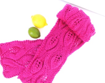 Hand knit lace scarf , lace pattern, hot pink,fuschia , scarf, wrap, crochet gifts, made in USA, fiber ,textile, romantic, gifts for her