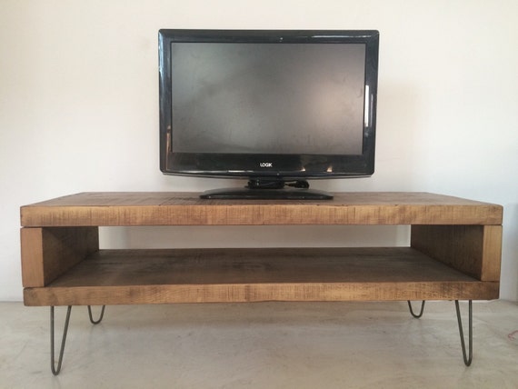 Rustic Industrial Plank TV Unit Stand with Metal Hairpin Legs