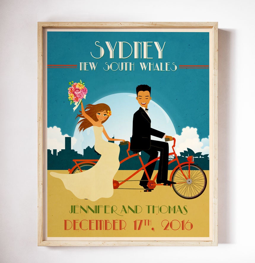 Tandem Bike Wedding Poster Personalized Wedding Gift
