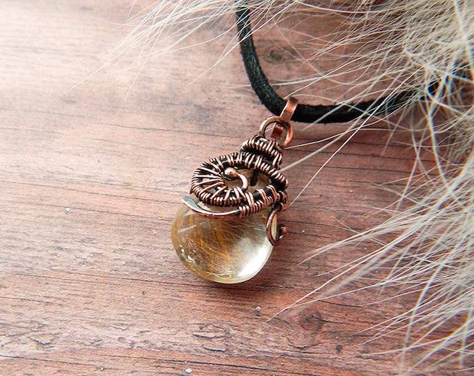 Golden Rutilated Quartz, small pendant, wire wrapped, boho style, Copper wire winding, Natural stone necklace, Semi precious, metal jewelry