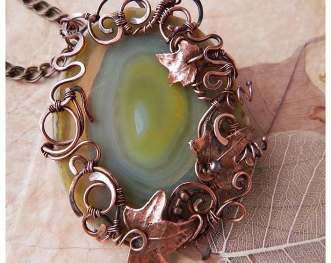 Natural Stone Cut Necklace Copper wire pendant Green Agate geode Fairy fantasy style Electrotype Natural leaf Gift for her Ooak Birthstone