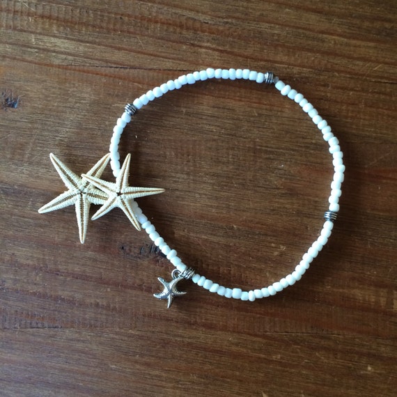 White Beaded Stretch Anklet Starfish Ankle Bracelet Bridal