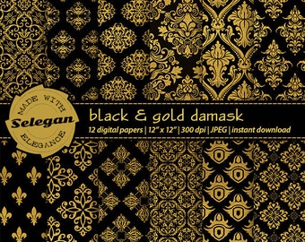 Black and Gold Damask digital scrapbook paper 12x12 royal printable black gold pattern european texture background