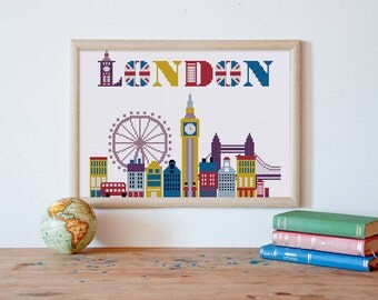 Cute London city cross stitch pattern| Modern England love travel symbol landmark monument counted chart| Nursery baby dream wall room decor