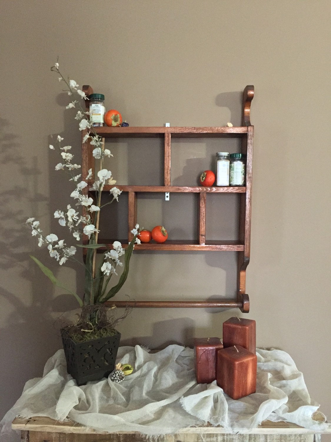 Large Wood Wall Shelf with Towel Bar / Vintage Kitchen Wall Shelf