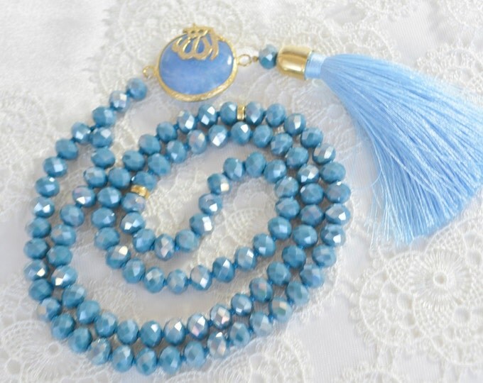 Golden Allah blue pendant, teal, hijap, hicab, religious hajj gift, pray misbaha, dowry, mohammedan, muslim pray, sufi semazen arabic rosary