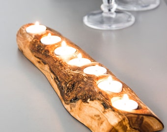 Rustic Olive Wood Tea Light Holder - holds 3 or 7 tealight candles