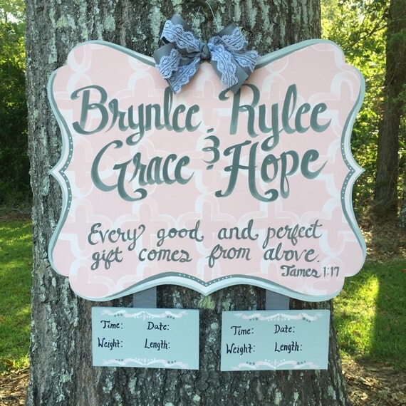 Twin Girl Hospital Door Hanger Blush pink and Grey